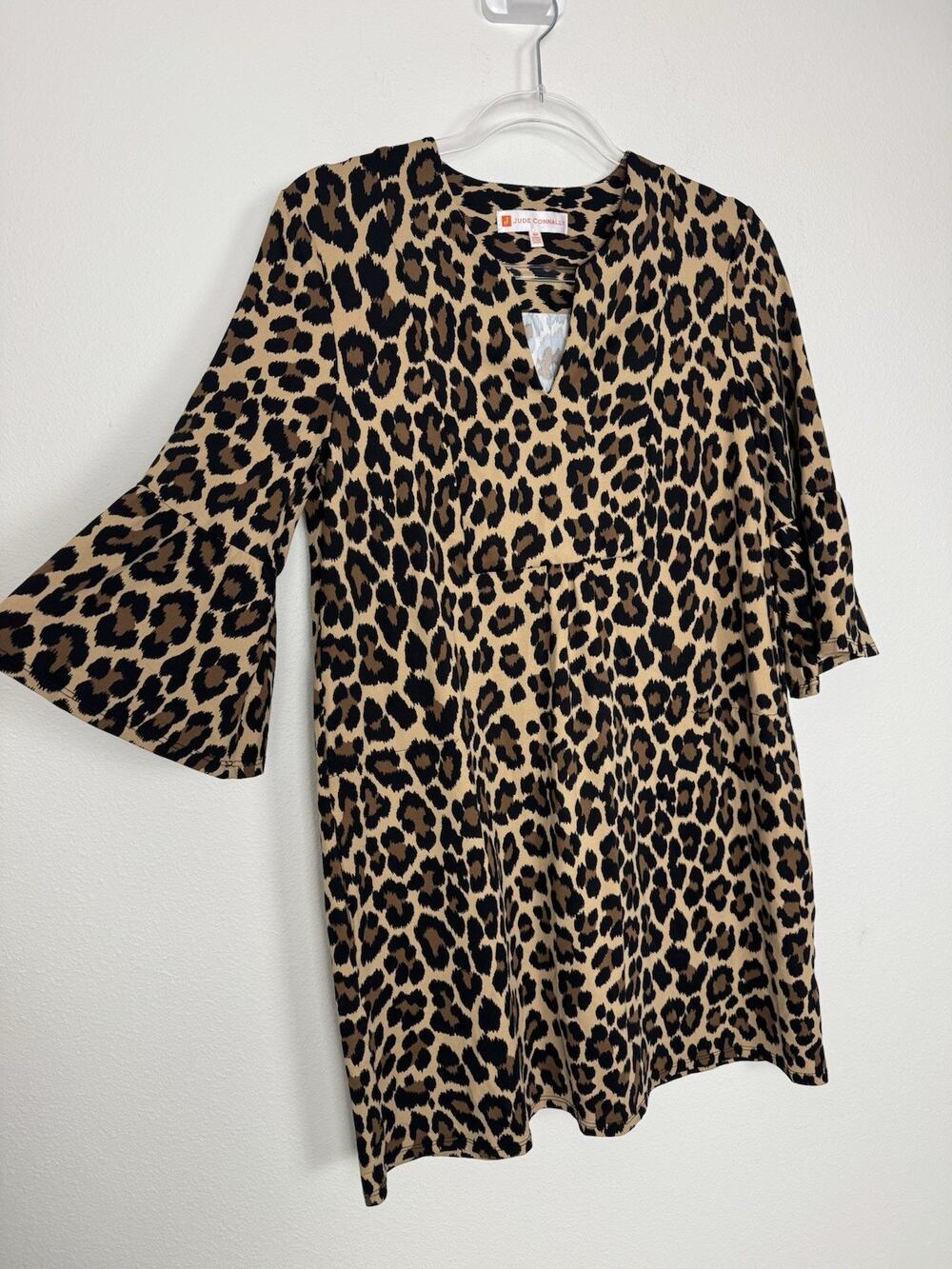 Jude Connally Kerry Dress Women’s XS Leopard Print 3/4 Bell Sleeves Pockets